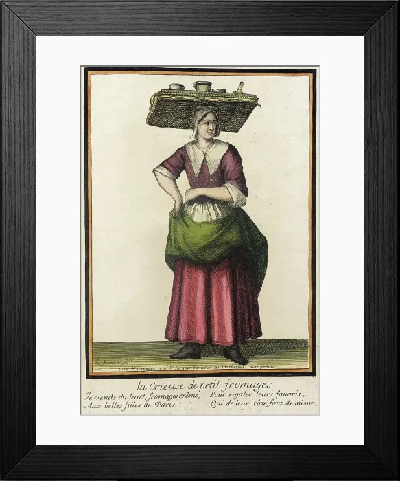 Framed Print : Recueil des modes de la cour de France, La crieuse de Petit Fromages, between 1675 and 1685. Creator: Henri Bonnart Framed Print : Recueil des modes de la cour de France, La crieuse de Petit Fromages, between 1675 and 1685. Creator: Henri Bonnart