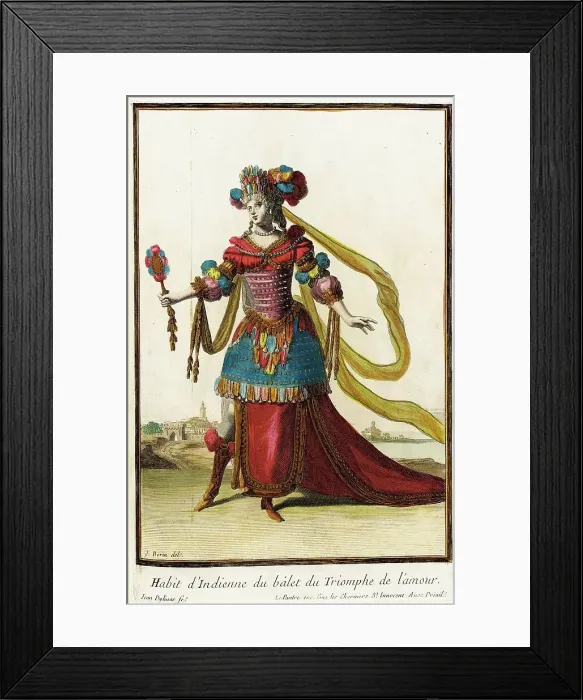 Framed Print : Recueil des modes de la cour de France, Habit d'Indienne du Balet du Triomphe de l'Amour, 1703-04. Creators: Jacques Le Pautre, Jean Doliver, Jean Berain Framed Print : Recueil des modes de la cour de France, Habit d'Indienne du Balet du Triomphe de l'Amour, 1703-04. Creators: Jacques Le Pautre, Jean Doliver, Jean Berain