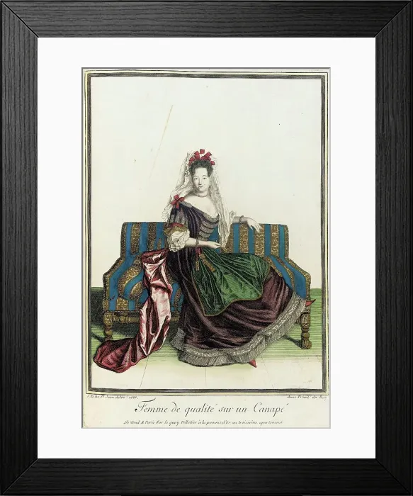 Framed Print : Recueil des modes de la cour de France, Femme de Qualité sur un Canapé, 1686. Creator: Jean de Dieu Framed Print : Recueil des modes de la cour de France, Femme de Qualité sur un Canapé, 1686. Creator: Jean de Dieu