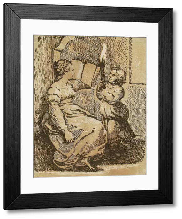 Framed Print : Sibyl Reading, Lighted by Child with a Torch, between circa 1520 and circa 1527. Creator: Ugo da Carpi