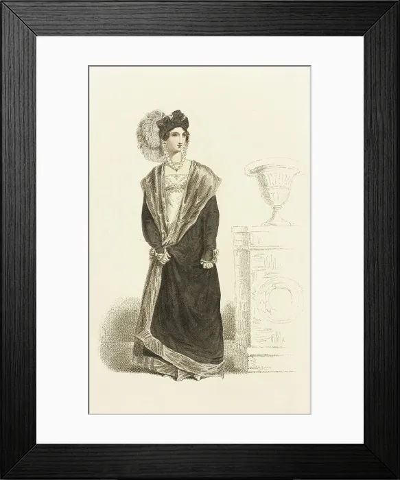 Framed Print : Fashion Plate (Mrs. Bell's Mantelet à la Capucine), 02-01-1820. Creator: John Bell Framed Print : Fashion Plate (Mrs. Bell's Mantelet à la Capucine), 02-01-1820. Creator: John Bell