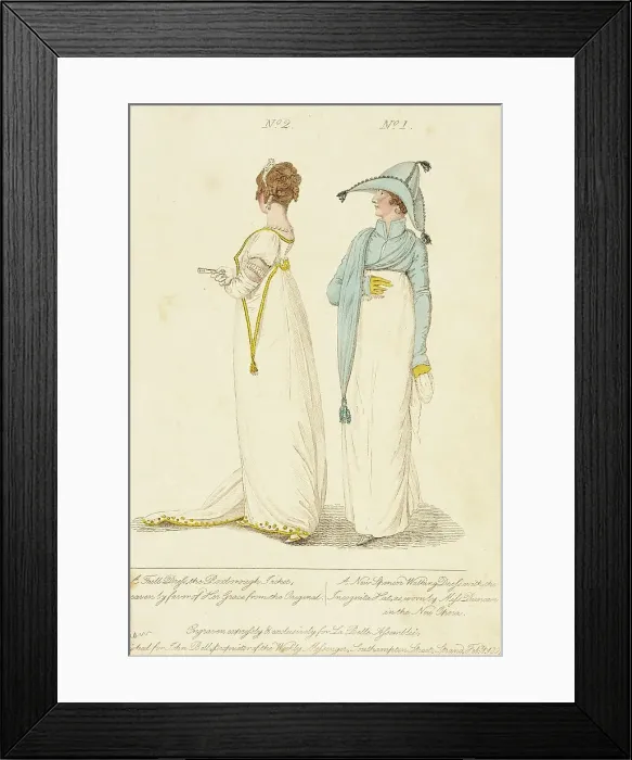 Framed Print : Fashion Plate (the Roxborough Jacket - A New Spencer Walking Dress with the Incognita Hat), 1807. Creator: John Bell Framed Print : Fashion Plate (the Roxborough Jacket - A New Spencer Walking Dress with the Incognita Hat), 1807. Creator: John Bell