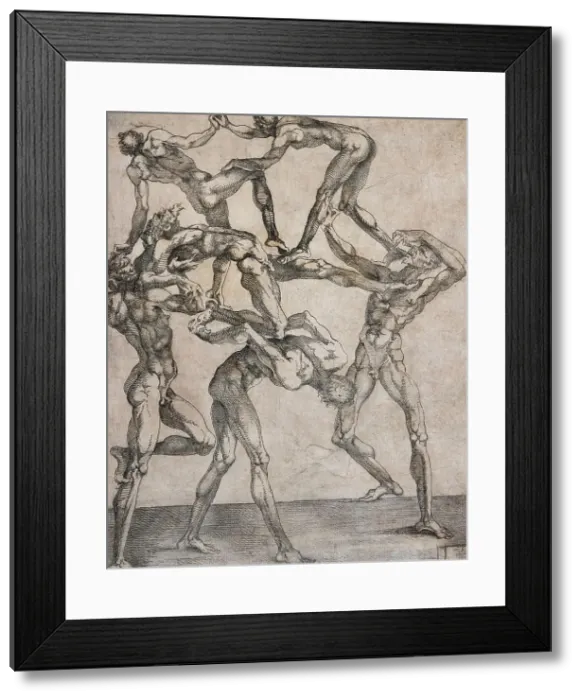 Framed Print : Pyramid of Six Men, mid-16th century. Creator: Juste de Juste Framed Print : Pyramid of Six Men, mid-16th century. Creator: Juste de Juste