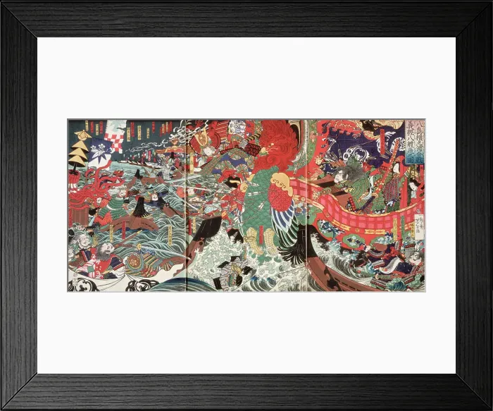 Framed Print : Yoshitsune Leaps Over Eight Boats at Dannoura Bay during the Battle of Yashima, 19th century. Creator: Tsukioka Yoshitoshi Framed Print : Yoshitsune Leaps Over Eight Boats at Dannoura Bay during the Battle of Yashima, 19th century. Creator: Tsukioka Yoshitoshi