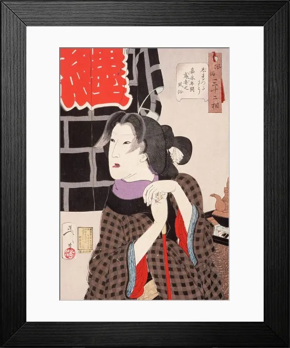 Framed Print : Irritable: The Wife of a Fireman in the Kaei Period (1848-1853), 1888. Creator: Tsukioka Yoshitoshi Framed Print : Irritable: The Wife of a Fireman in the Kaei Period (1848-1853), 1888. Creator: Tsukioka Yoshitoshi