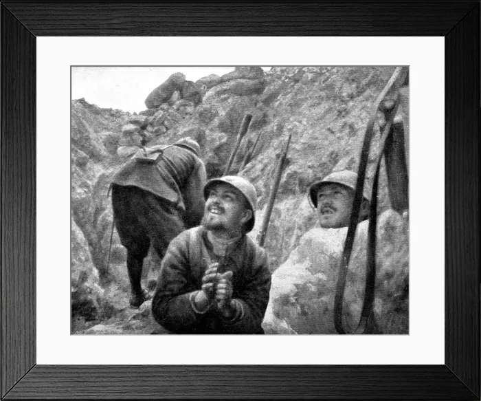 Framed Print : Life in the trenches in Champagne; A torpedo passes: two soldiers follow its trajectory...1917. Creator: Unknown Framed Print : Life in the trenches in Champagne; A torpedo passes: two soldiers follow its trajectory...1917. Creator: Unknown