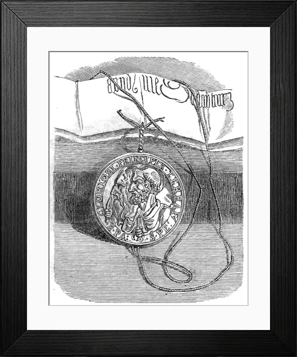 Framed Print : The Golden Bull of Clement VII. confirming Henry VIII. in the title of Defender of the Faith, 1860. Creator: Unknown Framed Print : The Golden Bull of Clement VII. confirming Henry VIII. in the title of Defender of the Faith, 1860. Creator: Unknown