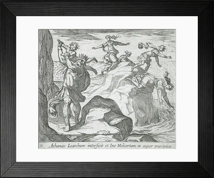 Framed Print : The Insane Athamas Killing Learchus, While Ino and Melicertes Jump into the Sea, published 1606. Creators: Antonio Tempesta, Wilhelm Janson Framed Print : The Insane Athamas Killing Learchus, While Ino and Melicertes Jump into the Sea, published 1606. Creators: Antonio Tempesta, Wilhelm Janson