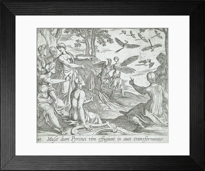 Framed Print : Metamorphosis of the Pierides, published 1606. Creators: Antonio Tempesta, Wilhelm Janson Framed Print : Metamorphosis of the Pierides, published 1606. Creators: Antonio Tempesta, Wilhelm Janson