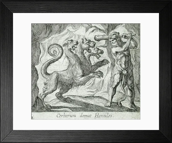 Framed Print : Hercules and Cerberus, published 1606. Creators: Antonio Tempesta, Wilhelm Janson Framed Print : Hercules and Cerberus, published 1606. Creators: Antonio Tempesta, Wilhelm Janson