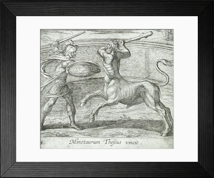 Framed Print : Theseus and the Minotaur, published 1606. Creators: Antonio Tempesta, Wilhelm Janson Framed Print : Theseus and the Minotaur, published 1606. Creators: Antonio Tempesta, Wilhelm Janson