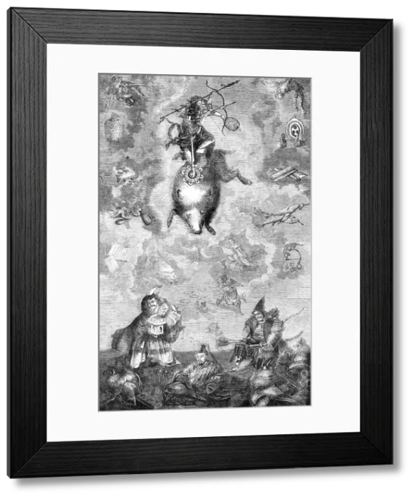Framed Print : Gods of the old Japanese mythology: the War-God Maris descending on the Holy Boar, 1860. Creator: Unknown Framed Print : Gods of the old Japanese mythology: the War-God Maris descending on the Holy Boar, 1860. Creator: Unknown