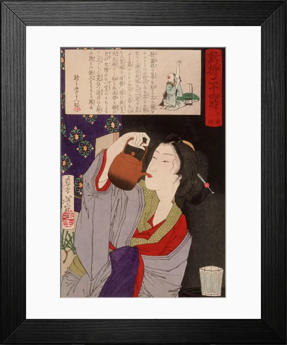 Framed Print : Geisha Drinking from Sake Kettle at 2:00 a.m. 1880. Creator: Tsukioka Yoshitoshi Framed Print : Geisha Drinking from Sake Kettle at 2:00 a.m. 1880. Creator: Tsukioka Yoshitoshi