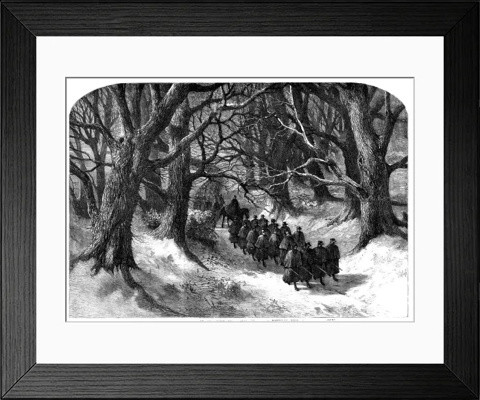 Framed Print : Night march at Christmastide of the Rifle Volunteers - drawn by Harrison Weir, 1st Surrey... 1860. Creator: J Greenaway Framed Print : Night march at Christmastide of the Rifle Volunteers - drawn by Harrison Weir, 1st Surrey... 1860. Creator: J Greenaway
