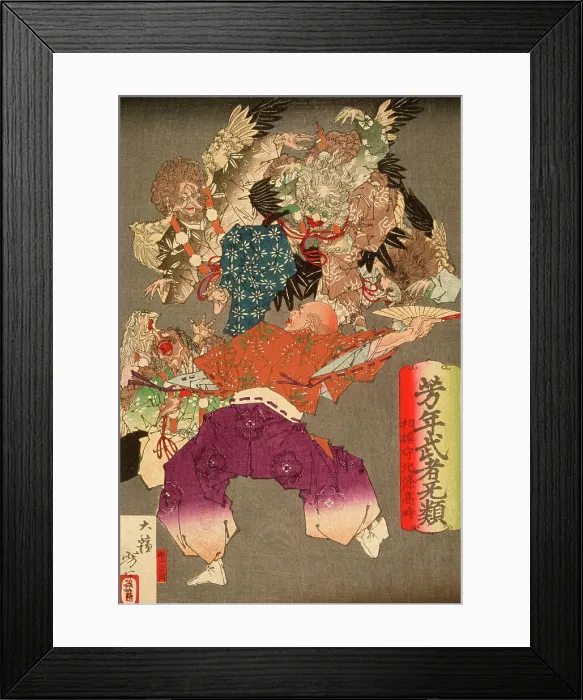 Framed Print : Hojo Takatoki, Lord of Sagami, Warding Off Tengu with His Fan, 1883. Creator: Tsukioka Yoshitoshi Framed Print : Hojo Takatoki, Lord of Sagami, Warding Off Tengu with His Fan, 1883. Creator: Tsukioka Yoshitoshi