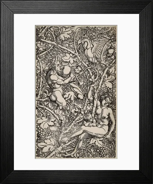 Framed Print : Satyr and Nymph with Birds. Module of a wallpaper, c.1525. Creator: Beham, Hans Sebald (1500-1550) Framed Print : Satyr and Nymph with Birds. Module of a wallpaper, c.1525. Creator: Beham, Hans Sebald (1500-1550)