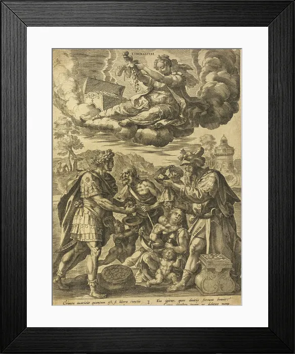Framed Print : Liberality (with C. Nerva and Cimon), 17th century. Creator: Martin de Vos Framed Print : Liberality (with C. Nerva and Cimon), 17th century. Creator: Martin de Vos