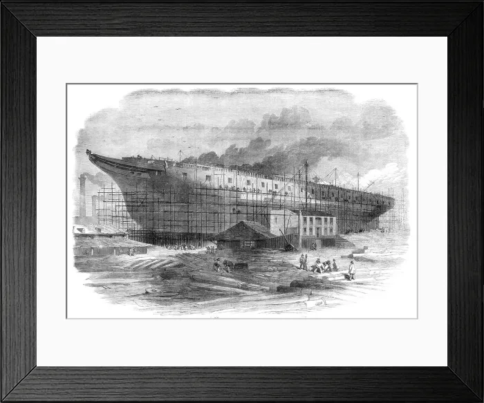 Framed Print : Building the great steam-frigate Warrior at the Thames Ironworks, Blackwall, 1860. Creator: Smyth. Building the great steam-frigate Warrior at the Thames Ironworks, Blackwall, 1860. Creator: Smyth