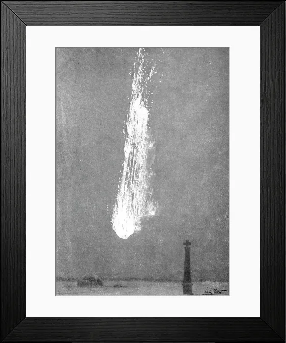Framed Print : Un Zeppelin abattu a Revigny; La fin de la chute: la carcasse est silhouettee par la masse des flam Creator: Unknown Framed Print : Un Zeppelin abattu a Revigny; La fin de la chute: la carcasse est silhouettee par la masse des flam Creator: Unknown