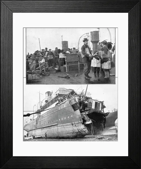 Framed Print : La piraterie sous-marine; Le torpillage du Sussex, le 24 mars 1916. En haut, les passagers a bord, Creator: Unknown Framed Print : La piraterie sous-marine; Le torpillage du Sussex, le 24 mars 1916. En haut, les passagers a bord, Creator: Unknown