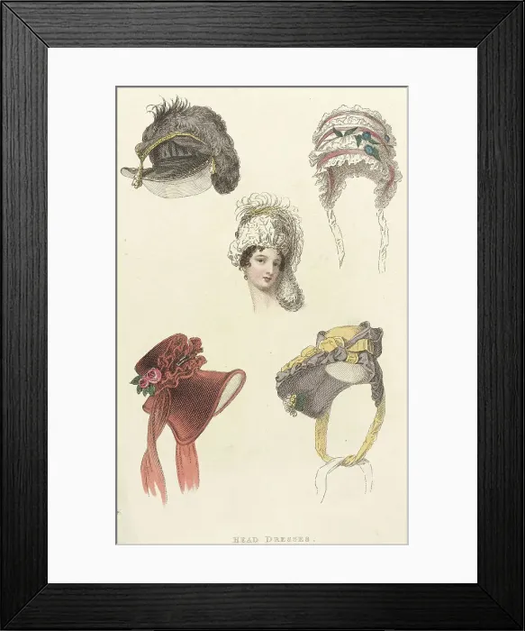 Framed Print : Fashion Plate (Head Dresses), 1823. Creator: Unknown Framed Print : Fashion Plate (Head Dresses), 1823. Creator: Unknown