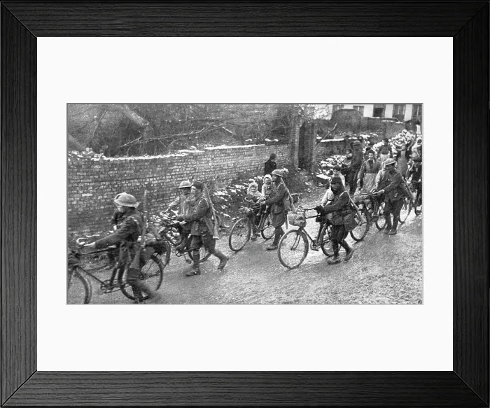 Framed Print : De la joie pour Tous; Entoures par les enfants d'un village reconquis, des cyclistes anglais ont i Creator: Unknown Framed Print : De la joie pour Tous; Entoures par les enfants d'un village reconquis, des cyclistes anglais ont i Creator: Unknown