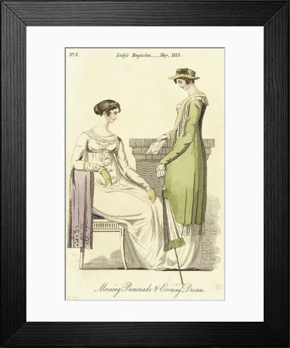 Framed Print : Fashion Plate (Morning Promenade and Evening Dresses), 1813. Creator: Unknown Framed Print : Fashion Plate (Morning Promenade and Evening Dresses), 1813. Creator: Unknown