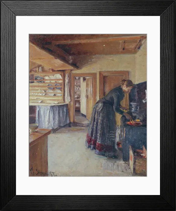 Framed Print : Kitchen, with the artist's Wife, 1887. Creator: Viggo Johansen Framed Print : Kitchen, with the artist's Wife, 1887. Creator: Viggo Johansen