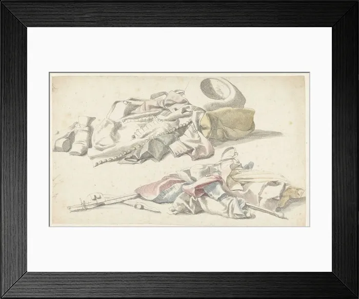 Framed Print : Two still lifes of a soldier's uniform, 1600-1699. Creator: Anon Framed Print : Two still lifes of a soldier's uniform, 1600-1699. Creator: Anon
