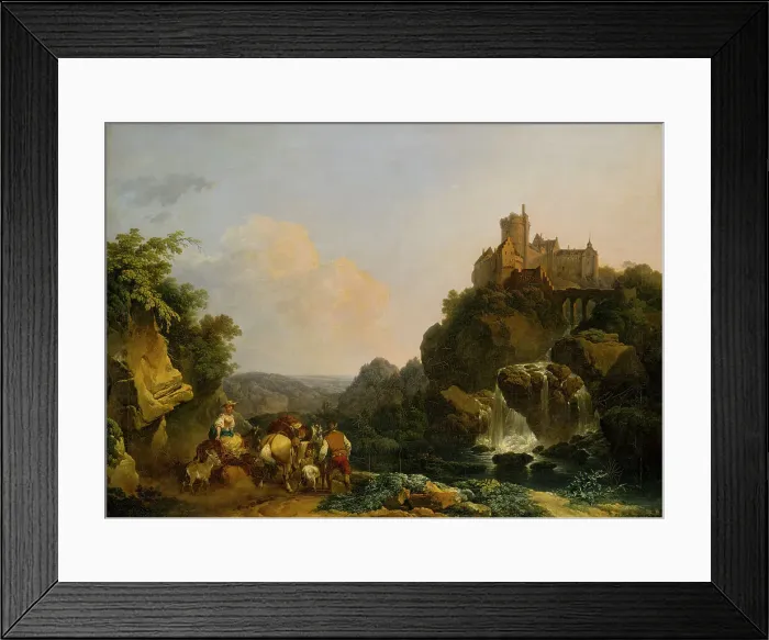 Framed Print : Landscape with Waterfall, Castle and Peasants, 1767. Creator: Philip James de Loutherbourg Framed Print : Landscape with Waterfall, Castle and Peasants, 1767. Creator: Philip James de Loutherbourg
