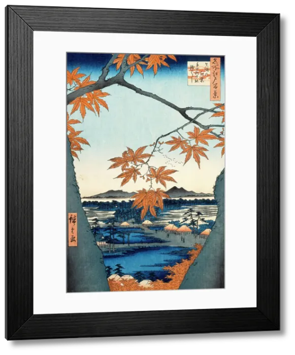 Framed Print : Maple Trees at Mama, Tekona Shrine and Linked Bridge, 1857. Creator: Ando Hiroshige Framed Print : Maple Trees at Mama, Tekona Shrine and Linked Bridge, 1857. Creator: Ando Hiroshige