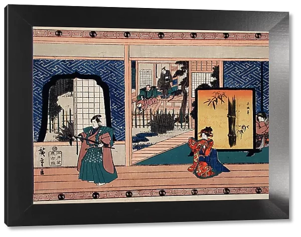 Act II: Konami Receiving Rikiya while Her Mother Watches; Honzo Holds... between c1835 and c1839. Creator: Ando Hiroshige