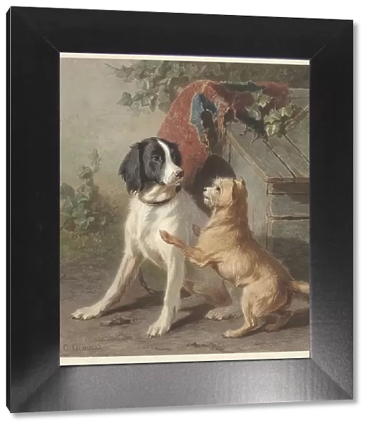 Two dogs by a kennel, 1838-1895. Creator: Conradyn Cunaeus