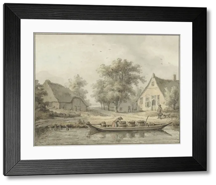 Framed Print : Landscape with a moored barge with barrels, 1756-1826. Creator: Cornelis Buys Framed Print : Landscape with a moored barge with barrels, 1756-1826. Creator: Cornelis Buys