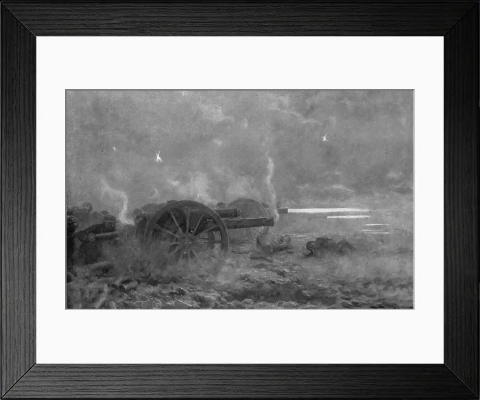 Framed Print : Sous le Choc; L'artillerie de campagne britannique couvrant la retraite, le 21 mars 1918... 1918. Creator: J Simont Framed Print : Sous le Choc; L'artillerie de campagne britannique couvrant la retraite, le 21 mars 1918... 1918. Creator: J Simont