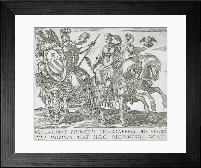 Framed Print : Frontispiece with Minerva in a Chariot Driven by Prudence and Charity (Horses of Different...), 1590 Creator: Antonio Tempesta Framed Print : Frontispiece with Minerva in a Chariot Driven by Prudence and Charity (Horses of Different...), 1590 Creator: Antonio Tempesta