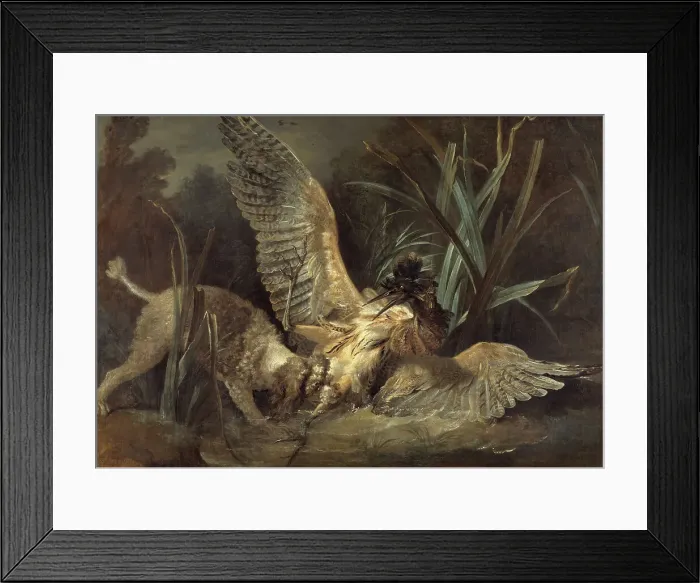 Framed Print : Spaniel Seizing a Bittern, 1725. Creator: Jean-Baptiste Oudry