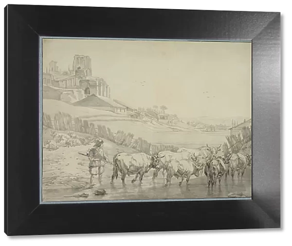 Shepherd with cattle on a river bank. Creator: Unknown
