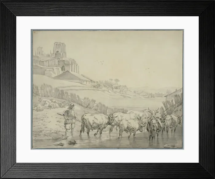 Framed Print : Shepherd with cattle on a river bank. Creator: Unknown Framed Print : Shepherd with cattle on a river bank. Creator: Unknown