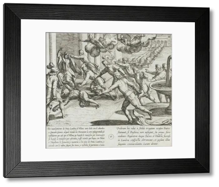 Framed Print : Seeing Blood on Their Brother's Face, the Infantes Slay the Villager, 1612. Creator: Antonio Tempesta Framed Print : Seeing Blood on Their Brother's Face, the Infantes Slay the Villager, 1612. Creator: Antonio Tempesta