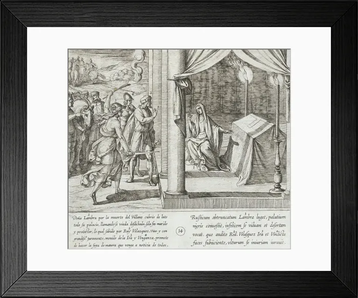Framed Print : Ruy Velazquez Promises Doña Lambra that He Will Avenge the Death of the Villager, 1612. Creator: Antonio Tempesta Framed Print : Ruy Velazquez Promises Doña Lambra that He Will Avenge the Death of the Villager, 1612. Creator: Antonio Tempesta