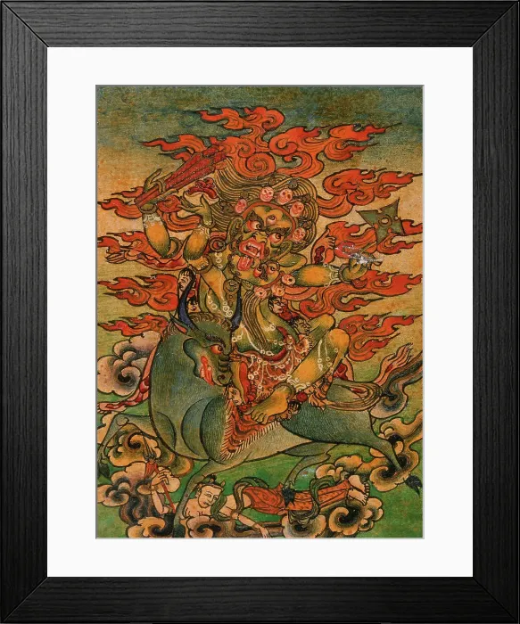Framed Print : Yellow Yama (?) and Consort on Bull, Nyingmapa Buddhist or Bon Ritual Card, 18th-19th century. Creator: Unknown Framed Print : Yellow Yama (?) and Consort on Bull, Nyingmapa Buddhist or Bon Ritual Card, 18th-19th century. Creator: Unknown
