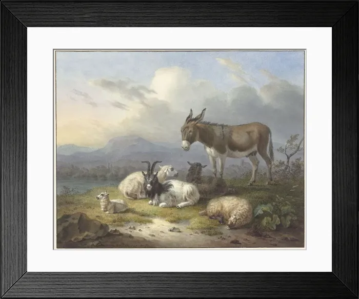 Framed Print : Landscape with donkey, goat and sheep, 1791-1850. Creator: Dirk van Oosterhoudt Framed Print : Landscape with donkey, goat and sheep, 1791-1850. Creator: Dirk van Oosterhoudt