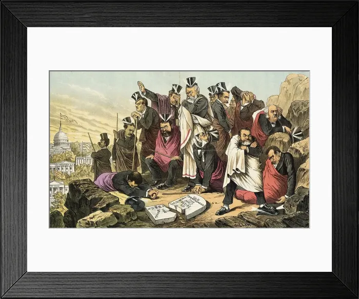 Framed Print : Ausgeschlossen aus dem Lande der Verheißung. Cartoon from Puck, between 1880 and 1889. Creator: Bernhard Gillam Framed Print : Ausgeschlossen aus dem Lande der Verheißung. Cartoon from Puck, between 1880 and 1889. Creator: Bernhard Gillam
