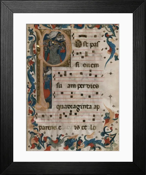 Framed Print : Folio from an Antiphonary with Initial P Containing The Ascension of Christ, c1365. Creator: Niccolo di Giacomo da Bologna Framed Print : Folio from an Antiphonary with Initial P Containing The Ascension of Christ, c1365. Creator: Niccolo di Giacomo da Bologna