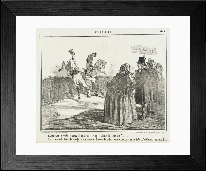 Framed Print : Comment savoir le nom de ce cavalier qui vient de tomber?... 1857. Creator: Cham Framed Print : Comment savoir le nom de ce cavalier qui vient de tomber?... 1857. Creator: Cham