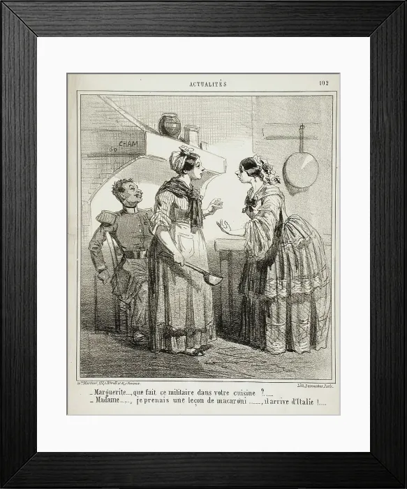 Framed Print : Marguerite, que fait ce militaire dans votre cuisine? Madame, je prenais une... c1865. Creator: Cham Framed Print : Marguerite, que fait ce militaire dans votre cuisine? Madame, je prenais une... c1865. Creator: Cham
