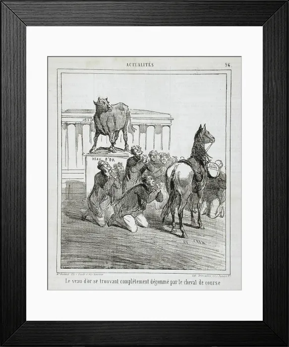 Framed Print : Le veau d'or se trouvant complêtement dégommé par le cheval de course, 1864. Creator: Cham Framed Print : Le veau d'or se trouvant complêtement dégommé par le cheval de course, 1864. Creator: Cham