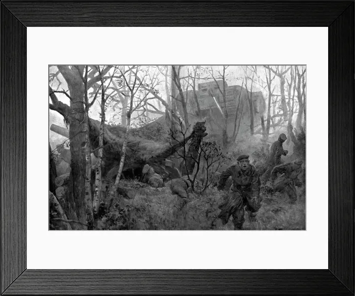 Framed Print : British Offensive in Cambrai; German Gunners Surprised by a Tank, 1917. Creator: J Simont Framed Print : British Offensive in Cambrai; German Gunners Surprised by a Tank, 1917. Creator: J Simont