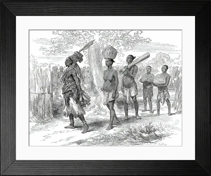 Framed Print : A Mrua Medicine Man and his Train, from a sketch by Lieutenant Cameron in Central Africa, 1876. Creator: Unknown Framed Print : A Mrua Medicine Man and his Train, from a sketch by Lieutenant Cameron in Central Africa, 1876. Creator: Unknown